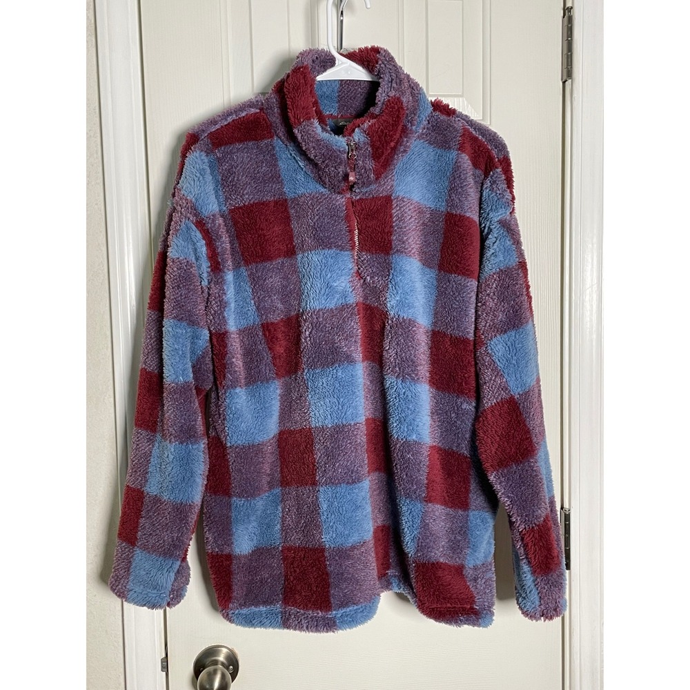 Eddie Bauer Womens XL Plush Fleece 1/4 Zip Pullover Blue Purple Plaid NEW